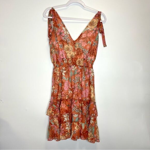 Altar’d State Floral Tiered Ruffle Tie Strap Dress Medium Orange - Picture 6 of 10